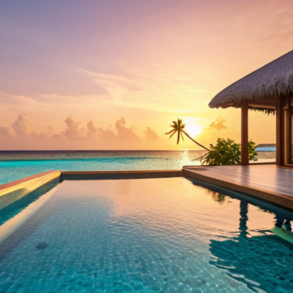 **Prompt:** An opulent overwater villa in the Maldives at sunrise, featuring a private infinity pool that seamlessly blends into the azure ocean. The scene highlights the serene, exclusive ambiance with pristine white sands and lush palm trees in the background, conveying ultimate luxury and privacy. Emphasize warm, golden hour lighting and high-resolution details.