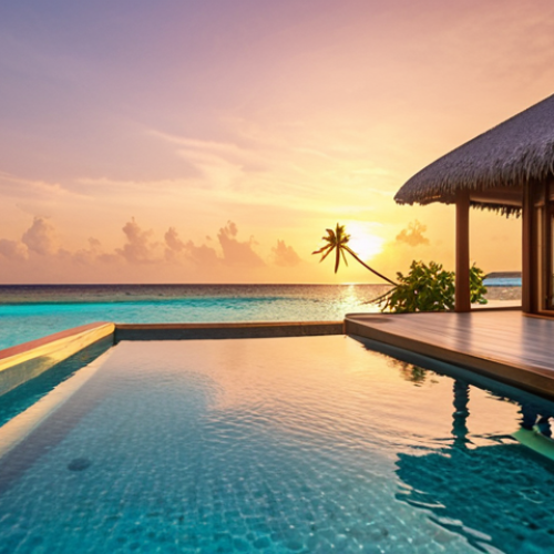 Home 20 **Prompt:** An opulent overwater villa in the Maldives at sunrise, featuring a private infinity pool that seamlessly blends into the azure ocean. The scene highlights the serene, exclusive ambiance with pristine white sands and lush palm trees in the background, conveying ultimate luxury and privacy. Emphasize warm, golden hour lighting and high-resolution details.