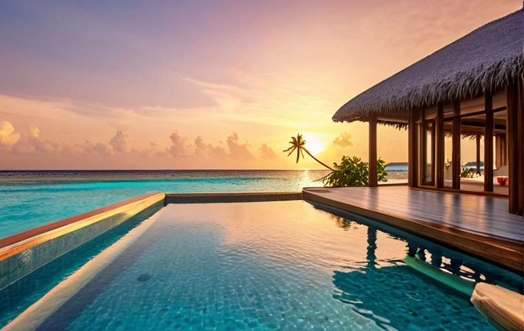 **Prompt:** An opulent overwater villa in the Maldives at sunrise, featuring a private infinity pool that seamlessly blends into the azure ocean. The scene highlights the serene, exclusive ambiance with pristine white sands and lush palm trees in the background, conveying ultimate luxury and privacy. Emphasize warm, golden hour lighting and high-resolution details.