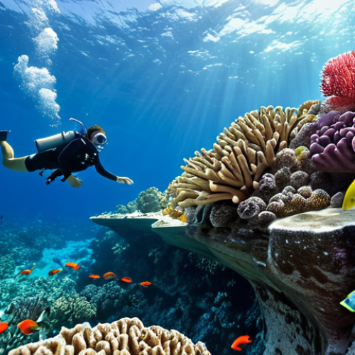 Home 19 **A diver leaping from a cliff in the Maldives, surrounded by vibrant coral reefs and colorful fish.** (Focus: Excitement, beauty, underwater scenery)