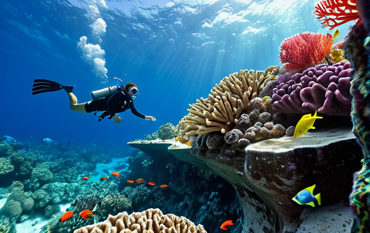 **A diver leaping from a cliff in the Maldives, surrounded by vibrant coral reefs and colorful fish.** (Focus: Excitement, beauty, underwater scenery)