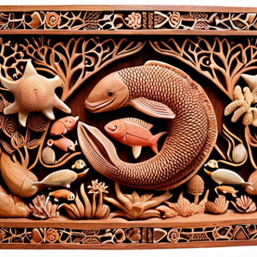 Home 18 **Maldivian Wood Carving:** Intricately carved wooden panel depicting marine life and traditional Maldivian patterns, showcasing skilled craftsmanship.