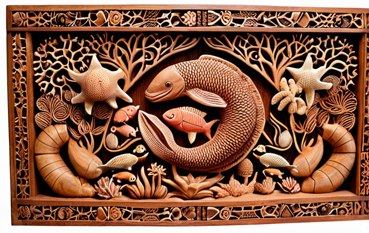 **Maldivian Wood Carving:** Intricately carved wooden panel depicting marine life and traditional Maldivian patterns, showcasing skilled craftsmanship.