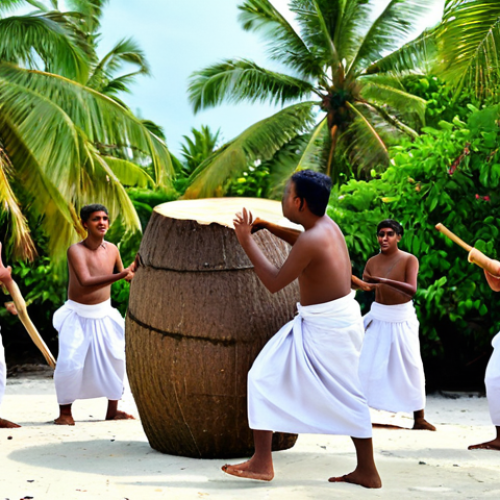 Home 9 A vibrant scene depicting Maldivian men performing 'Bodu Beru' dance on a local island. Men are fully clothed in traditional white sarongs, energetically drumming large coconut log drums with strong, expressive movements. Nearby, Maldivian women and young girls in modest, appropriate attire perform graceful 'Langiri' and 'Tharaagi' dances, showcasing intricate hand gestures. The atmosphere is joyful and communal, set against a warm evening backdrop with palm trees and a clear sky. The image should convey a sense of collective celebration and cultural richness. Perfect anatomy, correct proportions, natural poses, well-formed hands, proper finger count, natural body proportions. Safe for work, appropriate content, fully clothed, modest, family-friendly professional photography, high quality.