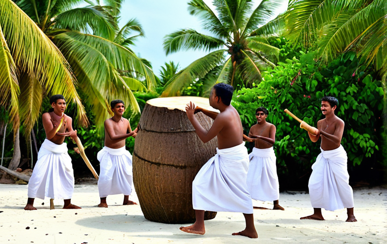 A vibrant scene depicting Maldivian men performing 'Bodu Beru' dance on a local island. Men are fully clothed in traditional white sarongs, energetically drumming large coconut log drums with strong, expressive movements. Nearby, Maldivian women and young girls in modest, appropriate attire perform graceful 'Langiri' and 'Tharaagi' dances, showcasing intricate hand gestures. The atmosphere is joyful and communal, set against a warm evening backdrop with palm trees and a clear sky. The image should convey a sense of collective celebration and cultural richness. Perfect anatomy, correct proportions, natural poses, well-formed hands, proper finger count, natural body proportions. Safe for work, appropriate content, fully clothed, modest, family-friendly professional photography, high quality.