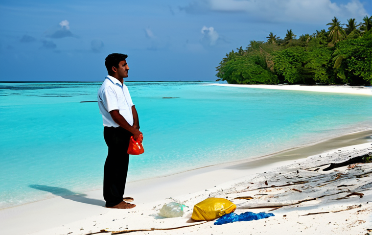 A serene panoramic view of a Maldivian island beach, featuring pristine turquoise waters and soft golden sand. Scattered along the shoreline and in the shallow water, some lightweight plastic debris, like bottles and bags, is subtly visible, indicating environmental impact without being overtly disturbing. A person, fully clothed in modest, professional attire, stands respectfully on the beach, observing the scene with a pensive yet hopeful expression. The image maintains a tranquil atmosphere, emphasizing the delicate balance between natural beauty and conservation efforts. Perfect anatomy, correct proportions, natural pose, well-formed hands, proper finger count, natural body proportions, professional photography, high quality, safe for work, appropriate content, family-friendly.