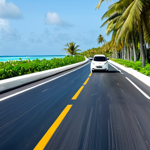 **

A serene Maldivian island scene featuring electric cars gracefully navigating a coastal road lined with palm trees, fully clothed tourists enjoying the ride, solar panels glistening in the background, promoting eco-friendly transportation, showcasing a sustainable future. Safe for work, appropriate content, professional, modest. Perfect anatomy, correct proportions, natural pose.

**