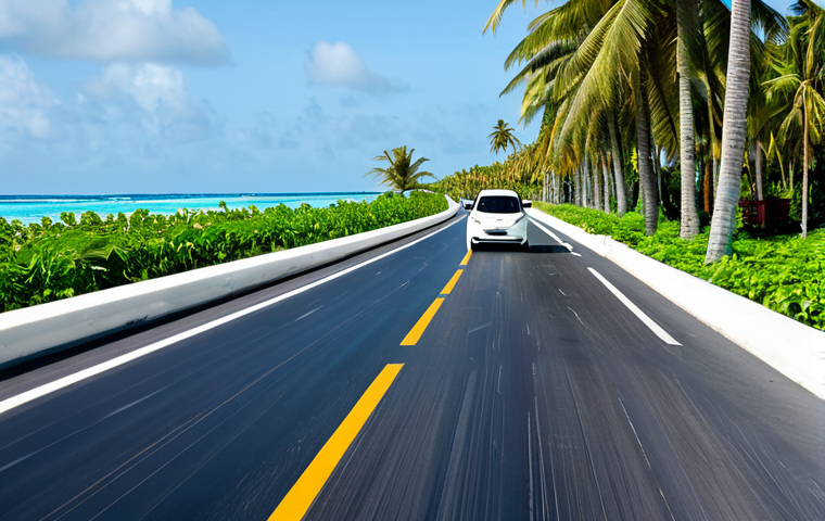 **

A serene Maldivian island scene featuring electric cars gracefully navigating a coastal road lined with palm trees, fully clothed tourists enjoying the ride, solar panels glistening in the background, promoting eco-friendly transportation, showcasing a sustainable future. Safe for work, appropriate content, professional, modest. Perfect anatomy, correct proportions, natural pose.

**