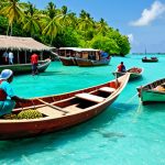 **

"A bustling harbor scene in the Maldives, filled with traditional wooden boats and larger trading vessels. People in modest, colorful clothing are loading and unloading goods, including coconuts and cowrie shells. In the background, lush green islands rise from the turquoise water. Bright sunny day. Safe for work, appropriate content, fully clothed, professional photography, perfect anatomy, natural proportions, family-friendly."

**