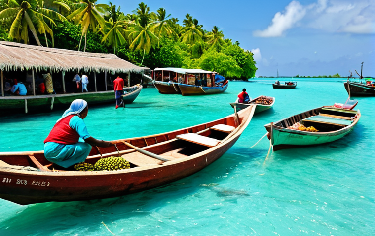 **

"A bustling harbor scene in the Maldives, filled with traditional wooden boats and larger trading vessels. People in modest, colorful clothing are loading and unloading goods, including coconuts and cowrie shells. In the background, lush green islands rise from the turquoise water. Bright sunny day. Safe for work, appropriate content, fully clothed, professional photography, perfect anatomy, natural proportions, family-friendly."

**