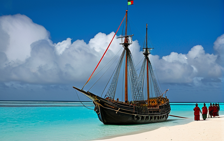 몰디브 포르투갈 점령기 - **Image Prompt: The Foreboding Arrival of the Portuguese in the Maldives, 1558**

    A breathtaking...