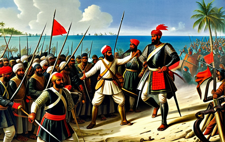 몰디브 포르투갈 점령기 - **Image Prompt: The Foreboding Arrival of the Portuguese in the Maldives, 1558**

    A breathtaking...