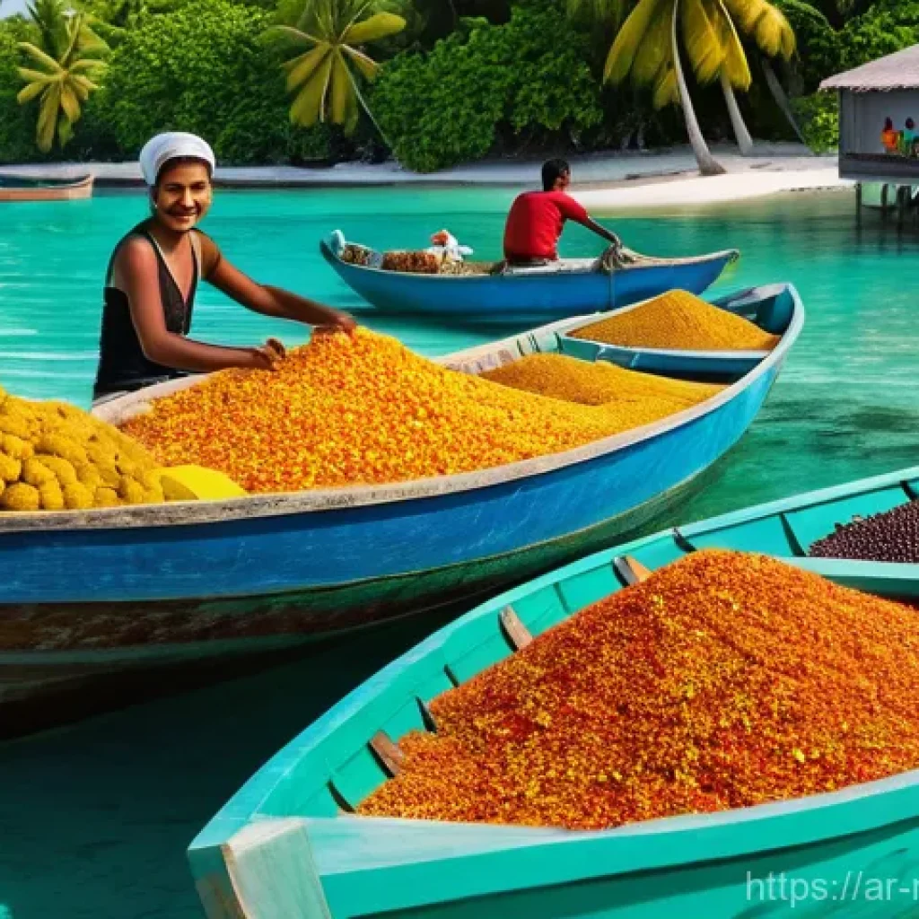 몰디브 전통 시장 투어 - **Vibrant Maldivian Local Market Scene:**
    "A bustling and vibrant Maldivian local market, teemin...