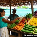 몰디브 디베히 배우기 - **Prompt 1: Vibrant Maldivian Market Interaction**
    "A candid, sun-drenched photograph of a frien...