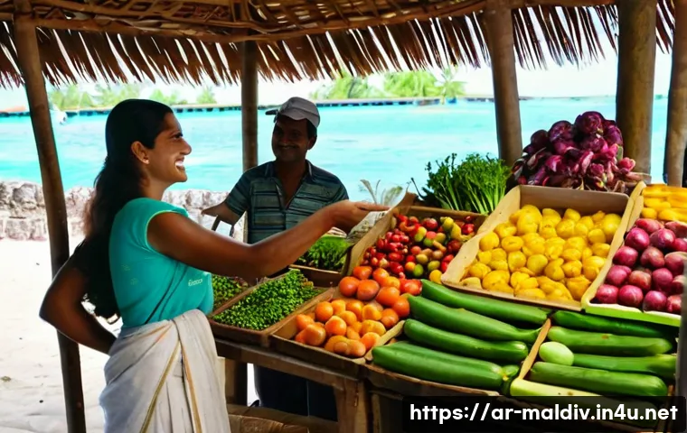 몰디브 디베히 배우기 - **Prompt 1: Vibrant Maldivian Market Interaction**
    "A candid, sun-drenched photograph of a frien...