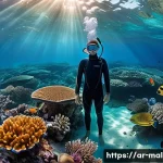 몰디브 해양 스포츠 종류 - A serene underwater scene depicting a freediver exploring the vibrant coral reefs of the Maldives, s...