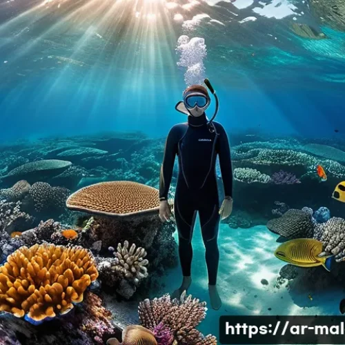 몰디브 해양 스포츠 종류 - A serene underwater scene depicting a freediver exploring the vibrant coral reefs of the Maldives, s...