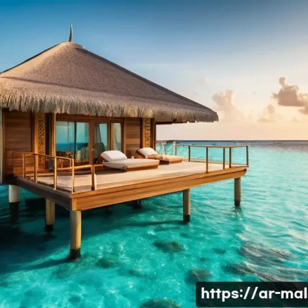 몰디브 바다 전망 숙소 - A luxurious floating villa in the Maldives at sunset, featuring a private wooden deck with sun loung...
