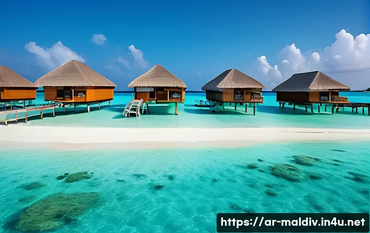 몰디브와 하와이 비교 - A vibrant tropical beach scene in the Maldives featuring crystal-clear turquoise waters, white sandy...