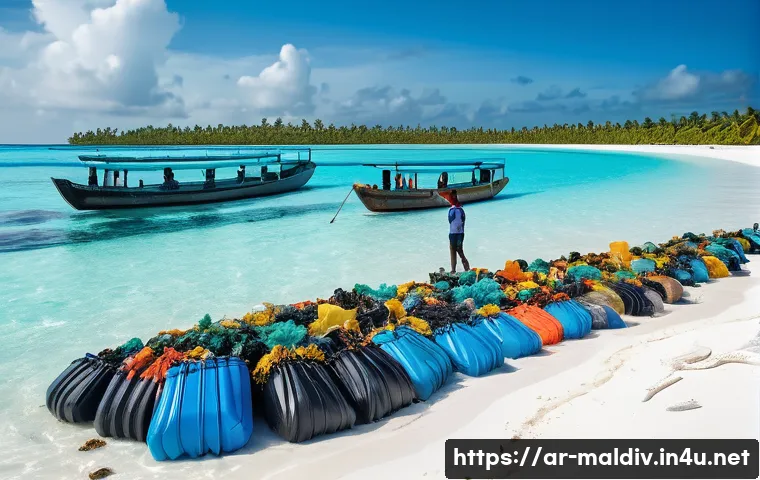몰디브 NGO 단체 - A vibrant community beach cleanup event in the Maldives featuring diverse local people, including yo...