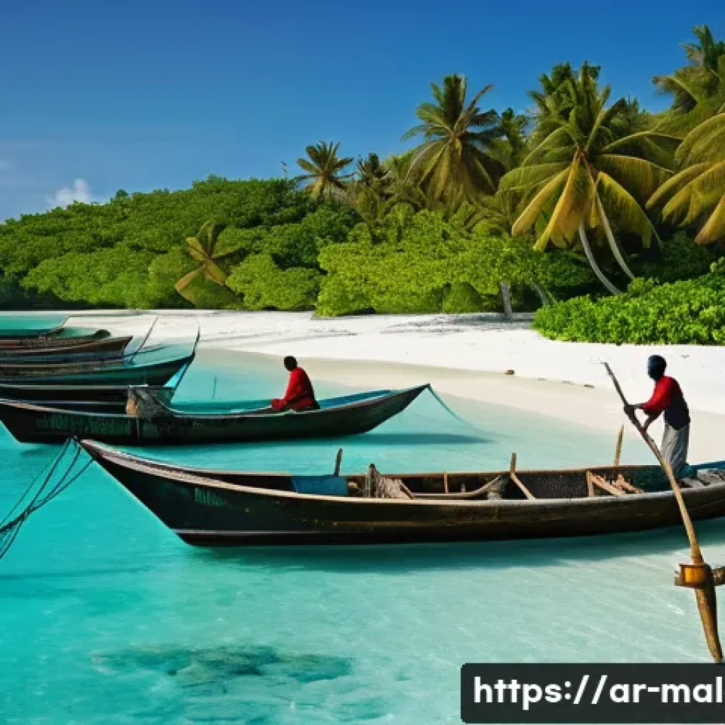 몰디브 어업 산업 - A vibrant scene of traditional Maldivian fishermen at dawn, wearing modest clothing and working on s...
