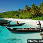 Home 22 몰디브 어업 산업 - A vibrant scene of traditional Maldivian fishermen at dawn, wearing modest clothing and working on s...