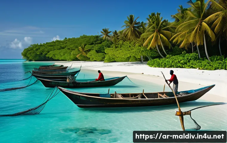 몰디브 어업 산업 - A vibrant scene of traditional Maldivian fishermen at dawn, wearing modest clothing and working on s...