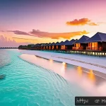 Home 21 몰디브와 세이셸 비교 - A serene tropical beach scene at sunset in the Maldives, featuring overwater luxury villas with priv...