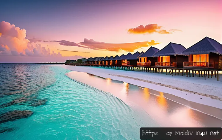 몰디브와 세이셸 비교 - A serene tropical beach scene at sunset in the Maldives, featuring overwater luxury villas with priv...