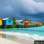 Home 20 몰디브 해수면 상승 문제 - A vivid coastal scene in the Maldives showing severe shoreline erosion with crashing waves under a c...