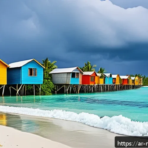 Home 32 몰디브 해수면 상승 문제 - A vivid coastal scene in the Maldives showing severe shoreline erosion with crashing waves under a c...
