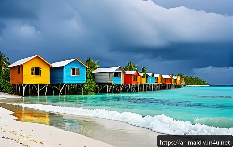 몰디브 해수면 상승 문제 - A vivid coastal scene in the Maldives showing severe shoreline erosion with crashing waves under a c...