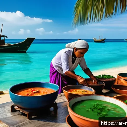 Home 31 몰디브 로컬 음식 체험 - A vibrant Maldivian coastal market scene at sunrise, showcasing fresh tuna and a variety of tropical...