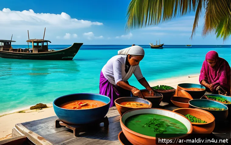 몰디브 로컬 음식 체험 - A vibrant Maldivian coastal market scene at sunrise, showcasing fresh tuna and a variety of tropical...