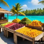Home 18 몰디브 배낭여행 루트 - A vibrant traditional local island market scene in the Maldives during daytime, with colorful stalls...