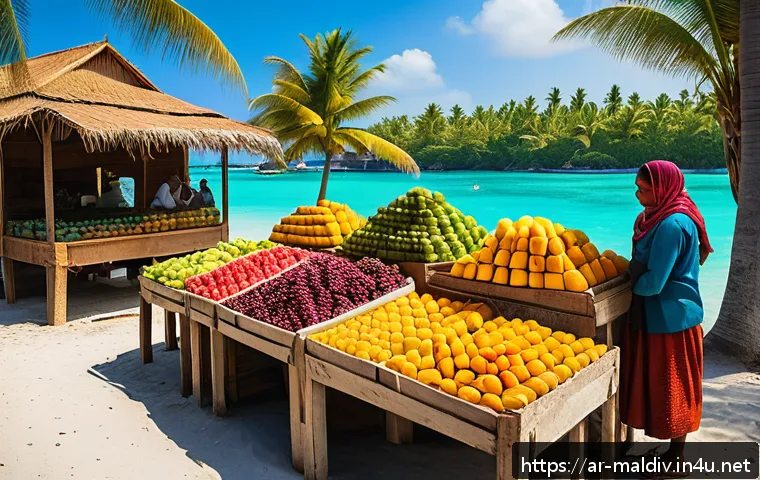 몰디브 배낭여행 루트 - A vibrant traditional local island market scene in the Maldives during daytime, with colorful stalls...