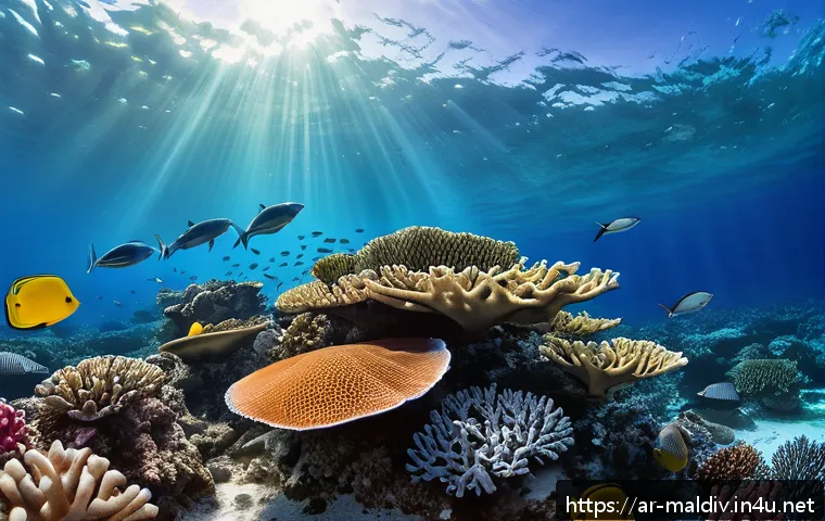 몰디브 다이빙 포인트 - A vibrant underwater scene in the Maldives featuring diverse coral reefs teeming with colorful tropi...