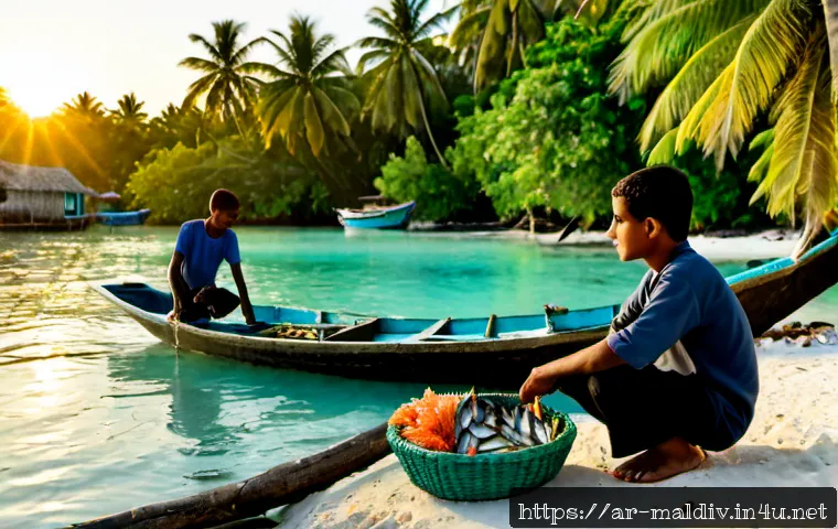 몰디브 현지 주민 생활 - Photorealistic morning scene of Maldivian island residents preparing small fishing boats beside a tu...