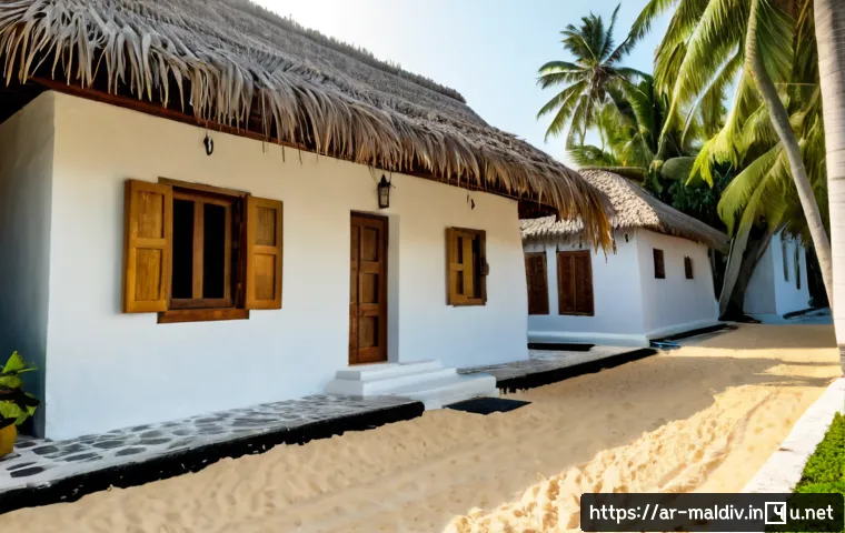 몰디브 전통 주택 다니보스 - Photorealistic traditional Maldivian coral-stone house on a quiet island lane, whitewashed walls, ca...
