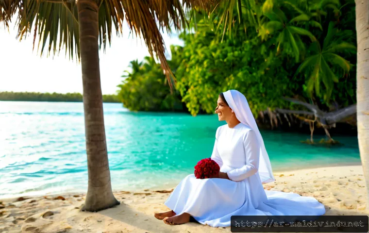 몰디브 전통 결혼식 - Photorealistic Maldivian traditional wedding ceremony on a sunlit tropical island, modest Muslim bri...