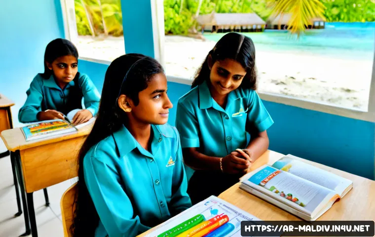 몰디브 교육 시스템 - Photorealistic classroom in a Maldives island school, diverse Maldivian students in neat modest unif...