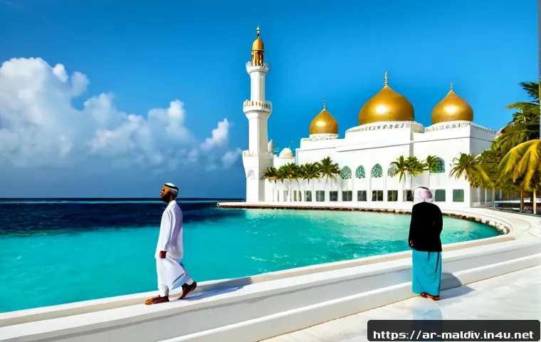몰디브 유명 건축물 - Photorealistic architectural travel scene of the Grand Friday Mosque in Malé, Maldives, elegant gold...