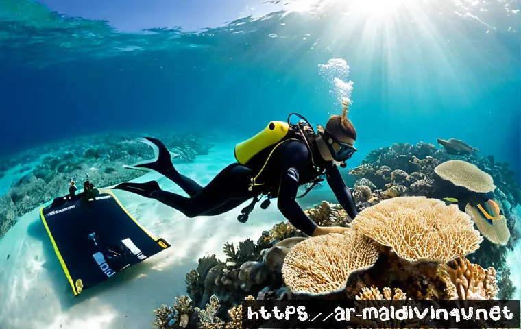 몰디브 환경 문제와 해결책 - Photorealistic Maldives coral reef restoration scene, marine conservation divers in modest full-body...
